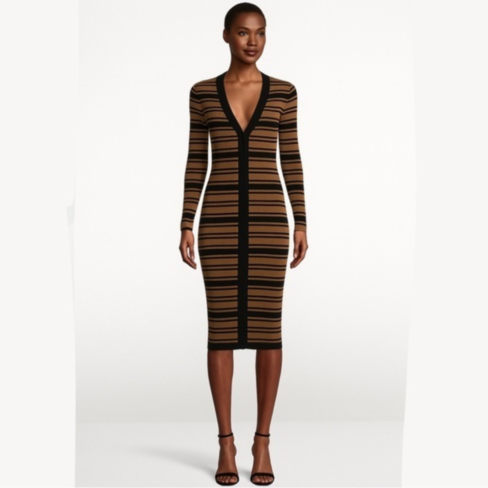 Victor Glemaud Dress Striped Button-Front Midi in Brown Black